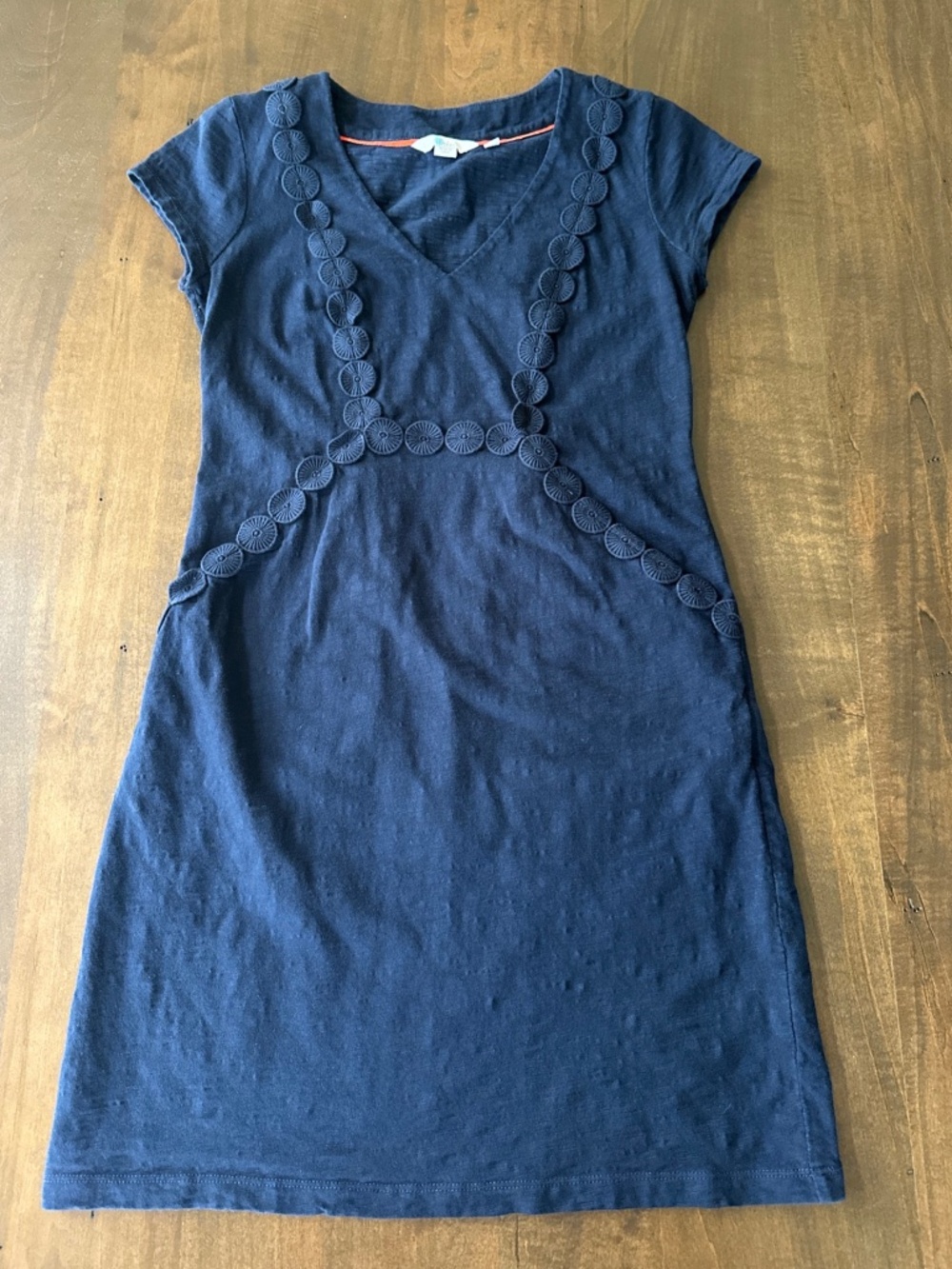 Boden Saskia Jersey V-Neck Trim Detail Pocket Dress Short Cotton Navy Sz 2P